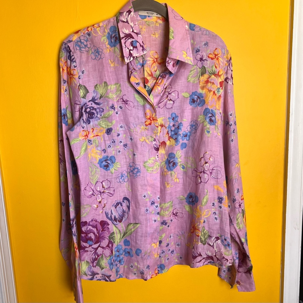 Etro Pink Floral Linen Shirt with Multicolor Blooms